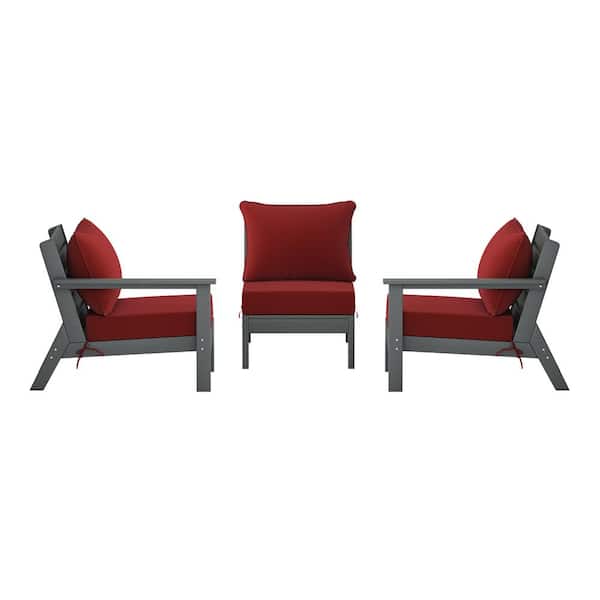 WESTIN OUTDOOR Birchwood Gray Arrangeable 3-Piece HDPE Deep Seating Outdoor Patio Conversation Sofa Arm Chair Set w/ Red Cushions