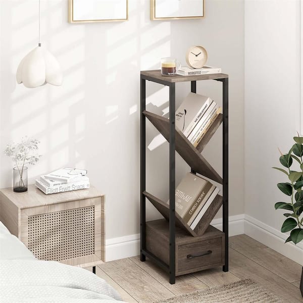 1-Piece 36 in. Tall 4-Tier Gray & Black Wood Floor Standing Bookcase with Drawer Anti-Tipping Kits & Metal Frame