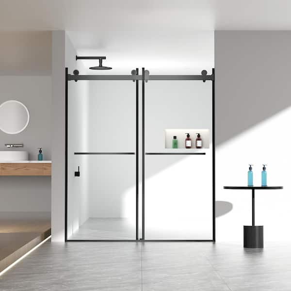 Boosicavelly Double Sliding Frameless Shower Door in Matte Black Finish with Clear Glass 60 in. W x 70 in. H