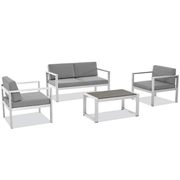 JEAREY 4Piece Aluminum Patio Conversation Set with Gray Cushions