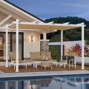 10 ft. x 13 ft. Beige Aluminum Outdoor Retractable White Frame Pergola with Sun Shade Canopy Cover