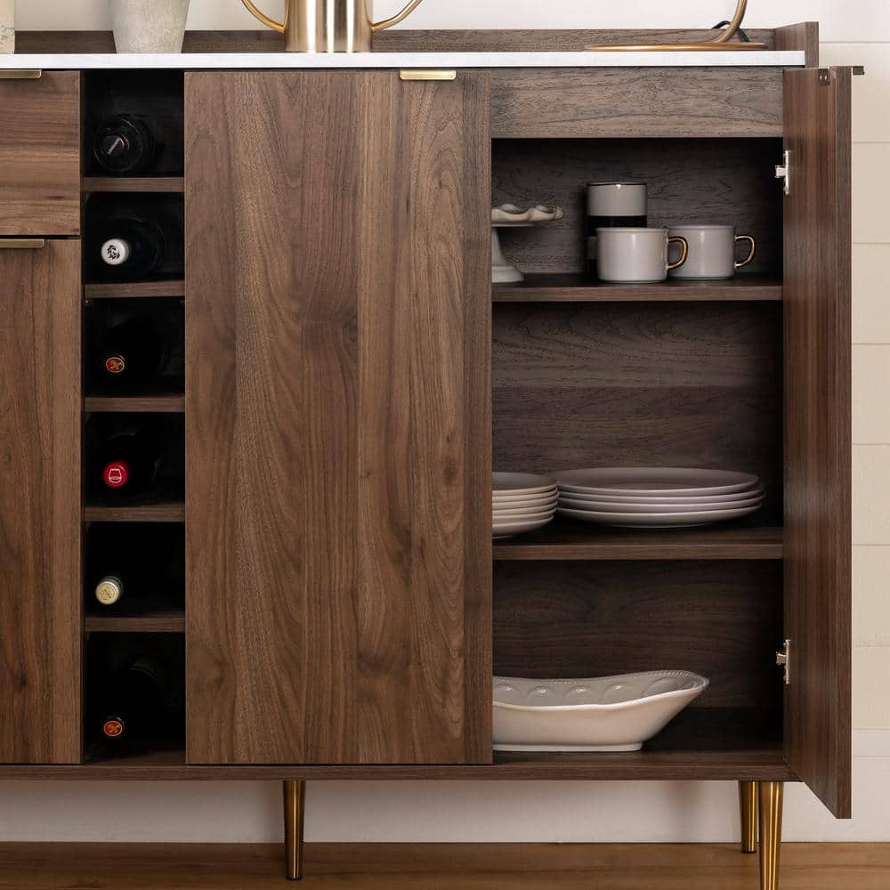 Scandi-Chic Glam Walnut Buffet with Wine Storage and Marble Accents