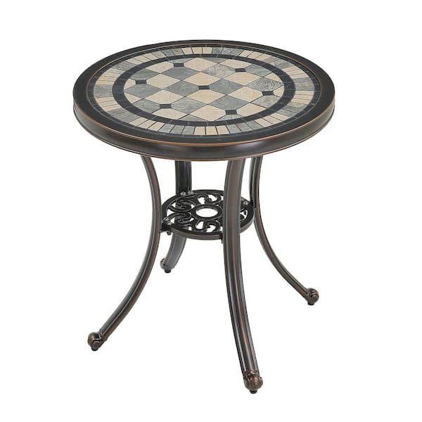 Clihome Round Cast Aluminum Outdoor Dining Table in Brown with Ceramic Top, Rust-Resistant, Waterproof