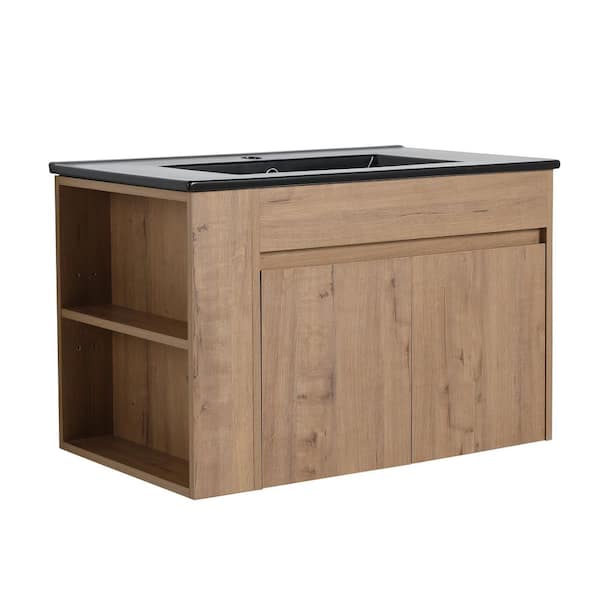 Unbranded 30 in. W x 18.5 in. D x 19.11 in. H Float Mounting Bathroom Vanity in Light Brown with Black Ceramic Basin Top