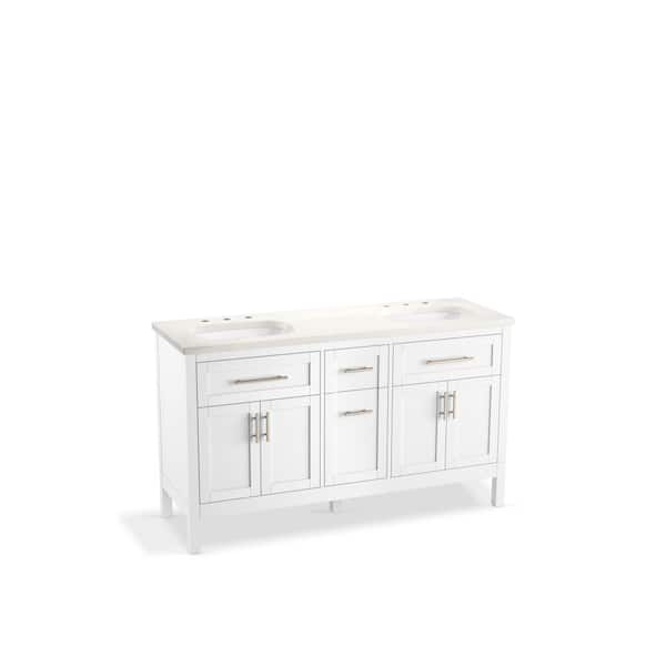 Hadron 60.75in. Double Sink Freestanding White Bath Vanity with White Quartz Top Assembled