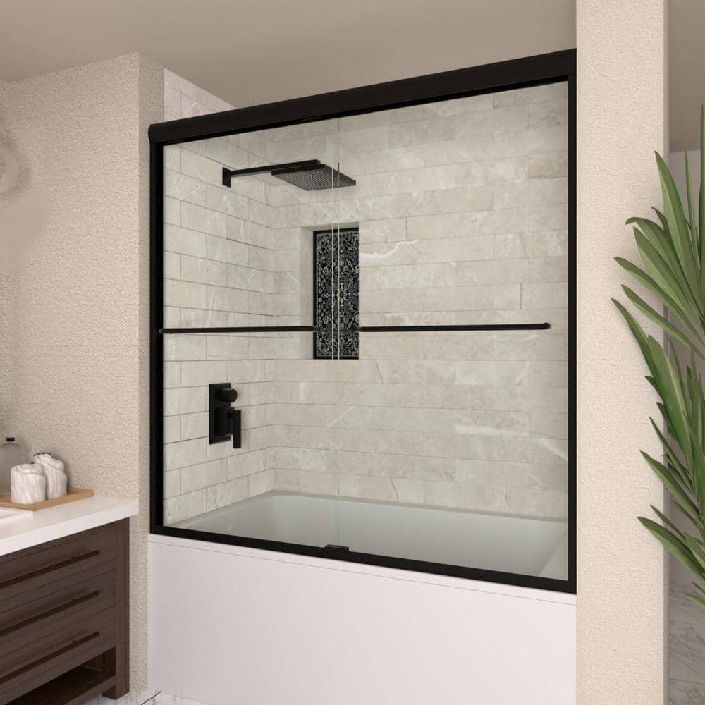 Matte Black Semi Frameless Sliding Tub Door with Clear Glass