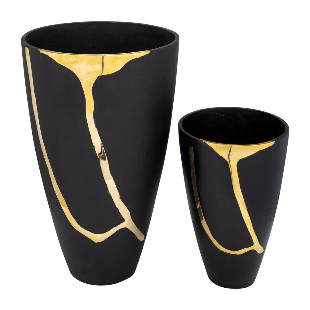 Elegant Brass and Charcoal Metal Vase Duo for Weddings and Decor