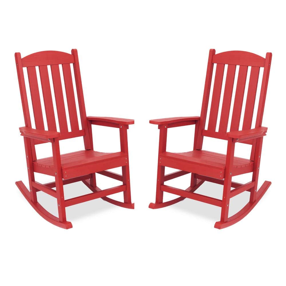 Bright Red HDPE Plastic Adirondack Outdoor Rocking Chairs, Set of 2