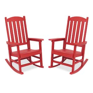 Bright Red Plastic Adirondack Outdoor Rocking Chair with High Back, Porch Rocker for Backyard (Set of 2)