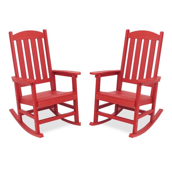 LUE BONA Bright Red Plastic Adirondack Outdoor Rocking Chair with High Back, Porch Rocker for Backyard (Set of 2)