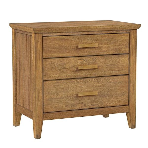 Lessio Light Brown 3-Drawer 25.8 in. W Solid Wood Nightstand Bedside Table with Vintage Brass Handles (Set of 2)