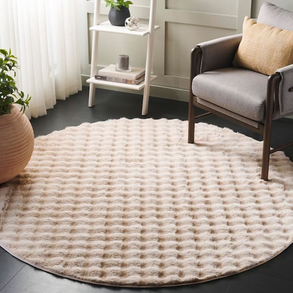 Faux Rabbit Bubble Beige 6 ft. x 6 ft. Machine Washable Solid High-Low Round Area Rug