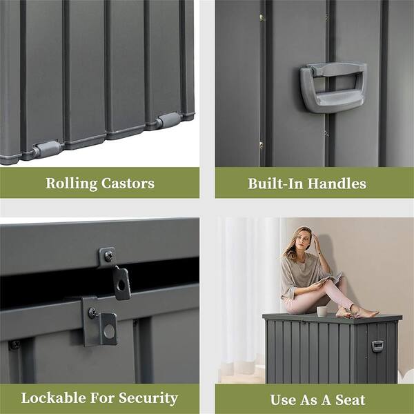 BTMWAY - 150 Gal. Dark Gray Metal Outdoor Storage Deck Box Storage Box Waterproof with Hydraulic Rod, Caster, Slight Slope Design
