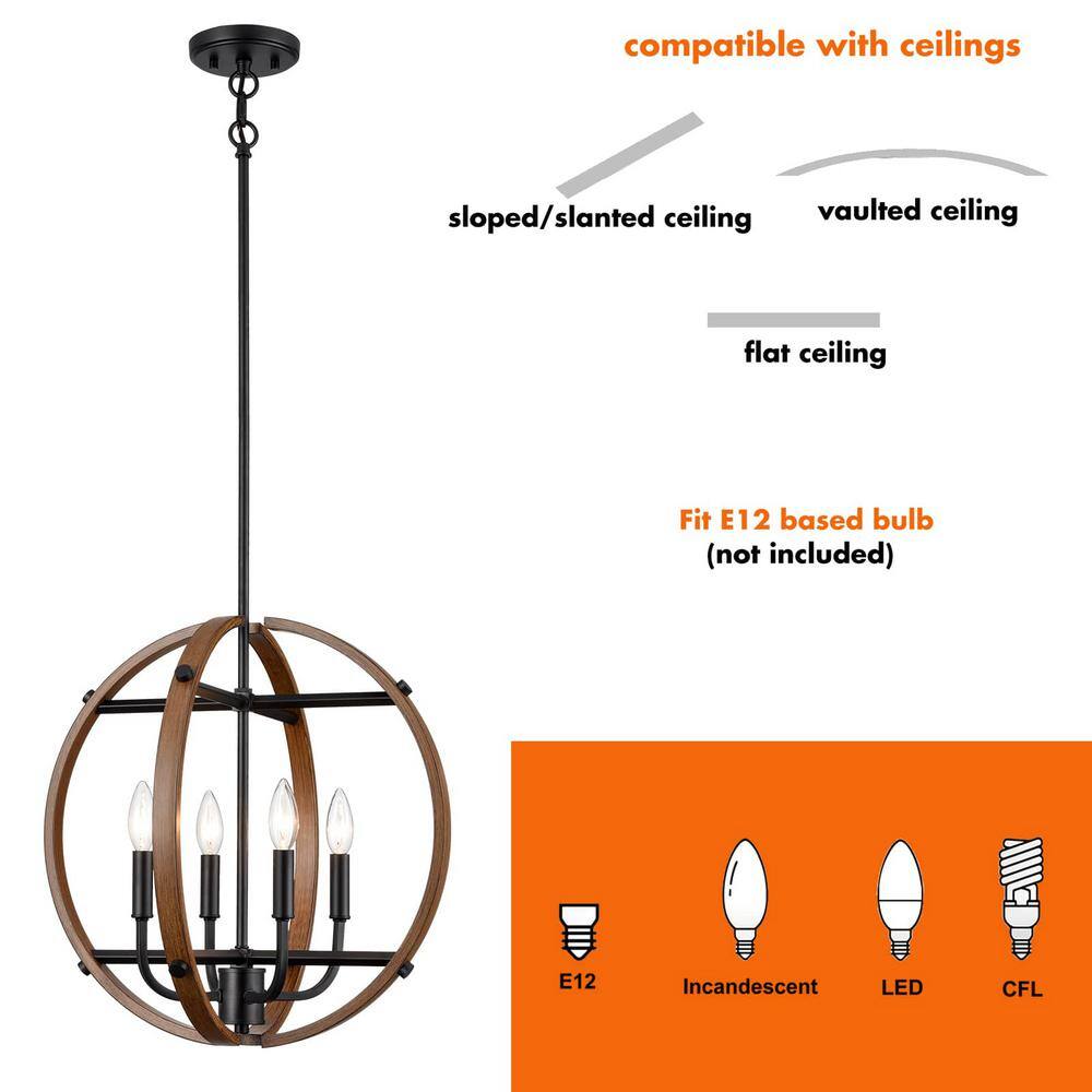 Rustic Black and Wood Grain Globe Pendant Light with Candle Bulbs