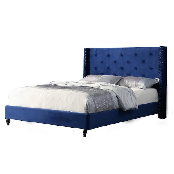 London Blue Full Upholstered Velvet Wingback Platform Bed