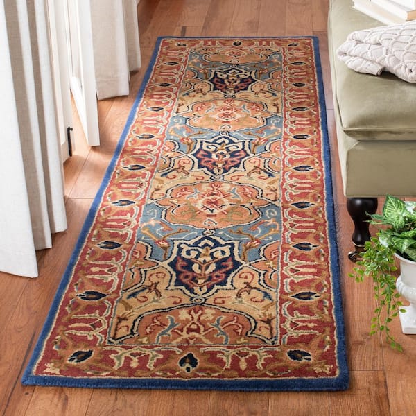 Heritage 2 ft. x 8 ft. Blue/Red Border Ornate Abstract Runner Rug