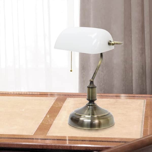 Traditional Banker Lamp Large In Solid Brass With Green Glass Shade