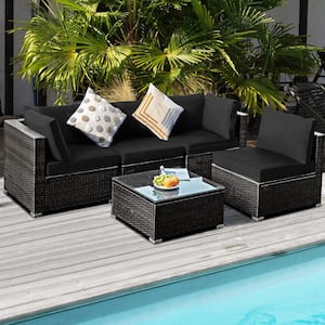 Brown 5-Pieces Wicker Patio Conversation Set Cushioned Sofa Chair Coffee Table Set with Black Cushions