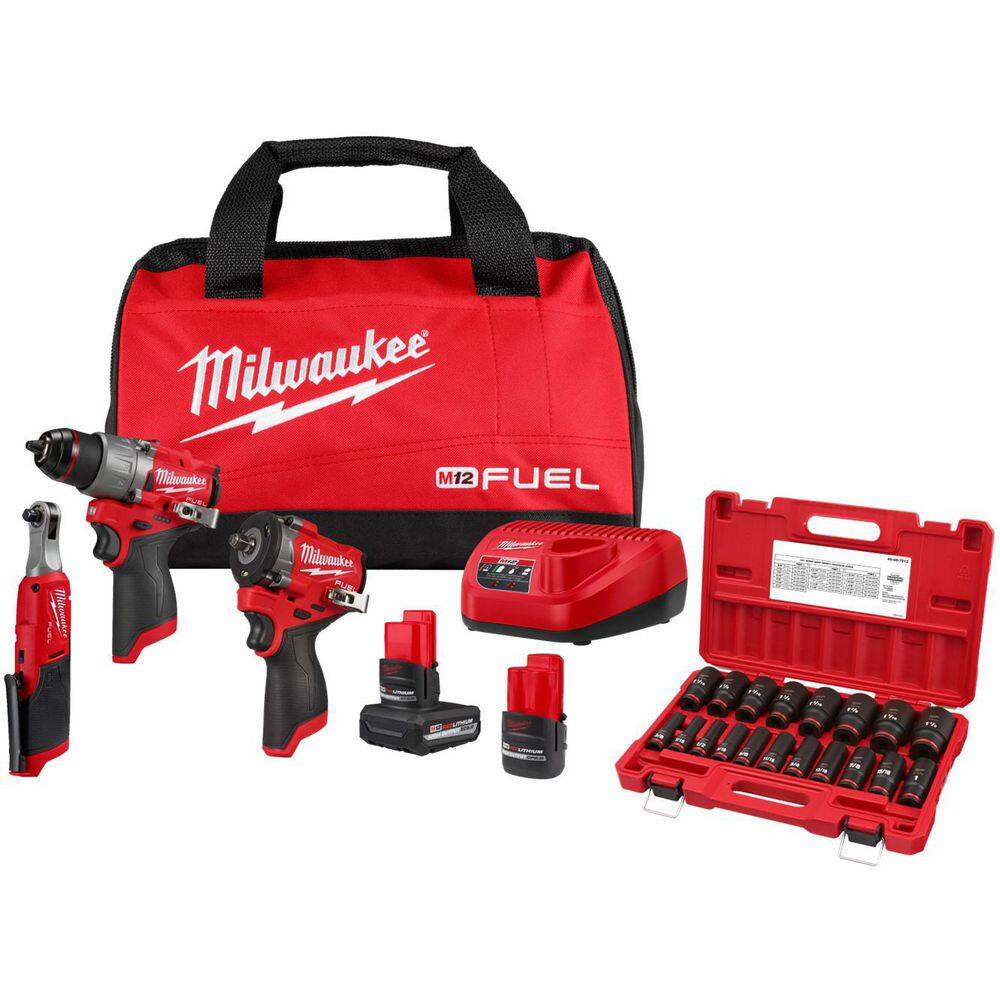 M12 FUEL 12V Lithium-Ion Cordless Drill Driver, Impact Wrench, and Ratchet Combo Kit w/ 1/2 in. Drive SAE Socket Set price history on PriceWatchPro