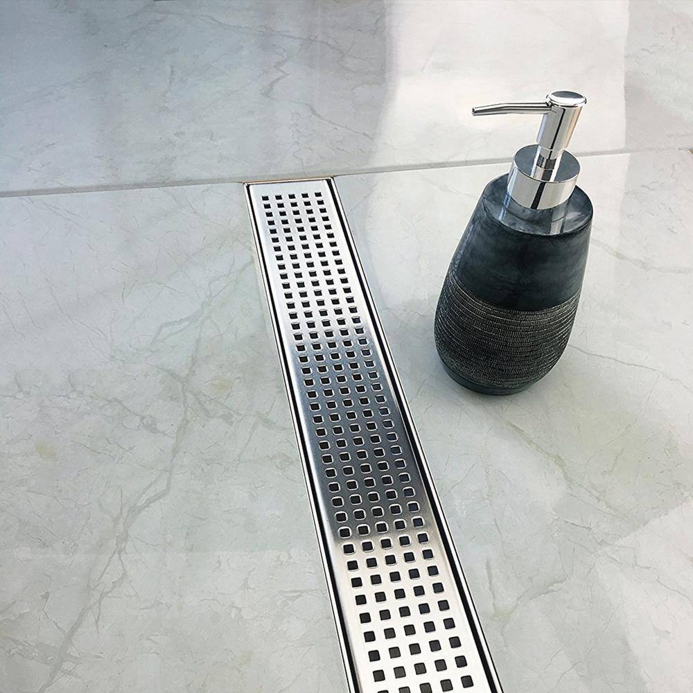 32 Inch Stainless Steel Linear Shower Drain with Square Pattern