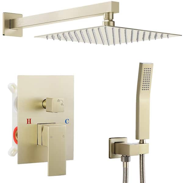 AKLFGN 1-Spray Square 10 in. Shower Head Brass Wall Bar Shower Kit with Valve and Hand Shower Rainfall Shower in Brushed Gold