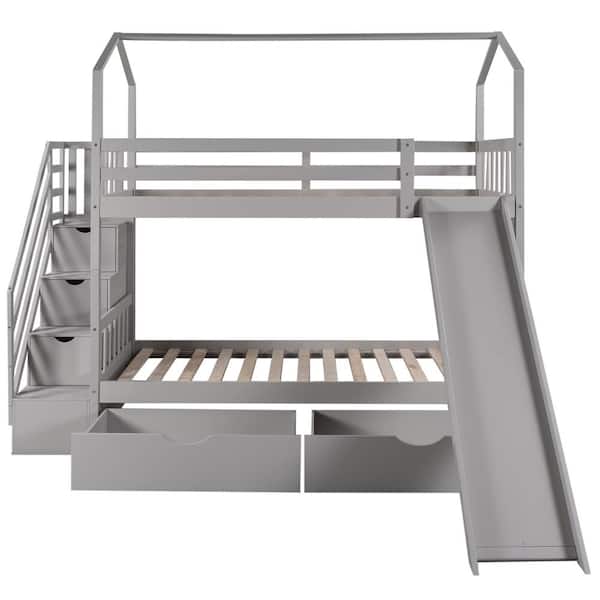 wetiny Gray Twin Over Twin House Bunk Bed with 2-Drawers and Slide Storage Staircase