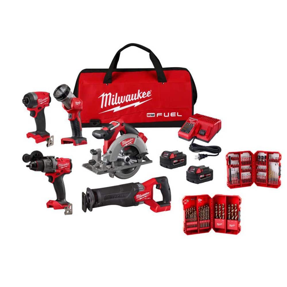 M18 FUEL 18V Lithium-Ion Cordless Combo Kit (5-Tool), 2 5.0 Ah Batteries, Charger w/ Drill Bit Set & Impact Bit Set