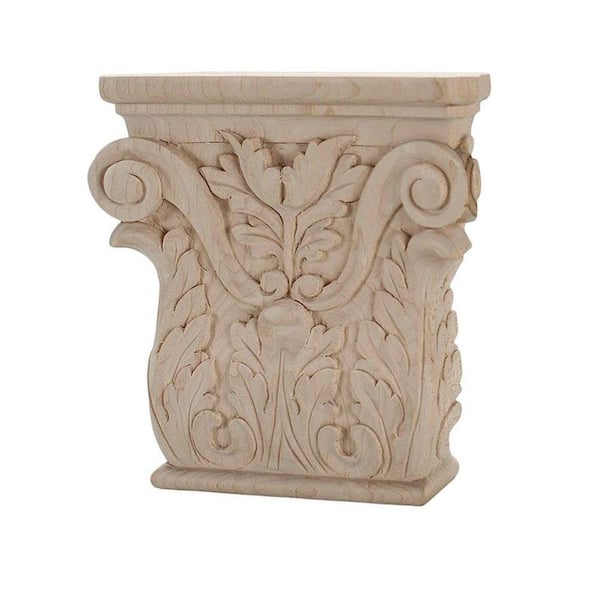 American Pro Decor 4 in. x 3-7/8 in. x 1 in. Unfinished Hand Carved Solid American Hard Maple Acanthus Wood Onlay Capital Wood Applique