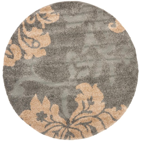 SAFAVIEH Florida Shag Gray/Beige 7 ft. x 7 ft. Round Solid Floral Area Rug