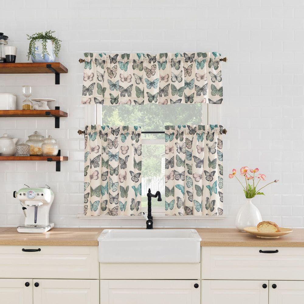 56" x 14" Blue Butterfly Print Sheer Rod Pocket Valance