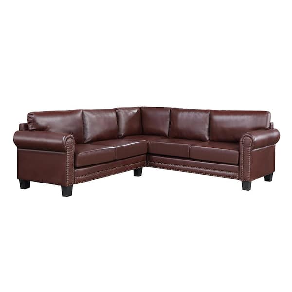 Utopia 4niture Sutton 85 in. W Rolled Arm L-Shaped Faux Leather Sectional Sofa in Brown
