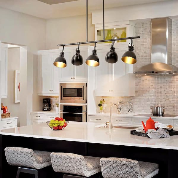 Collina 5-Light Industrial Modern Black Linear Pot Lid Kitchen Island Pendant Light/ Adjustable Tracking Light