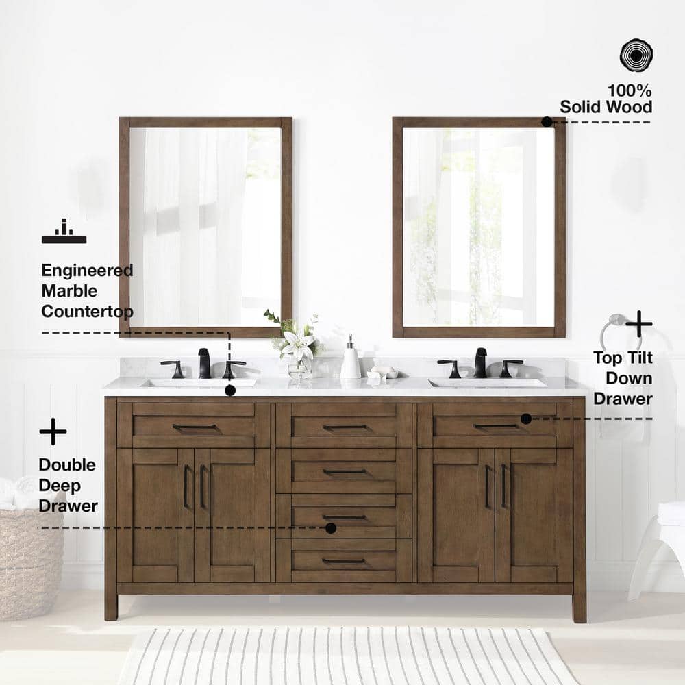 Espresso Double Sink Vanity with White Marble Top and Mirrors