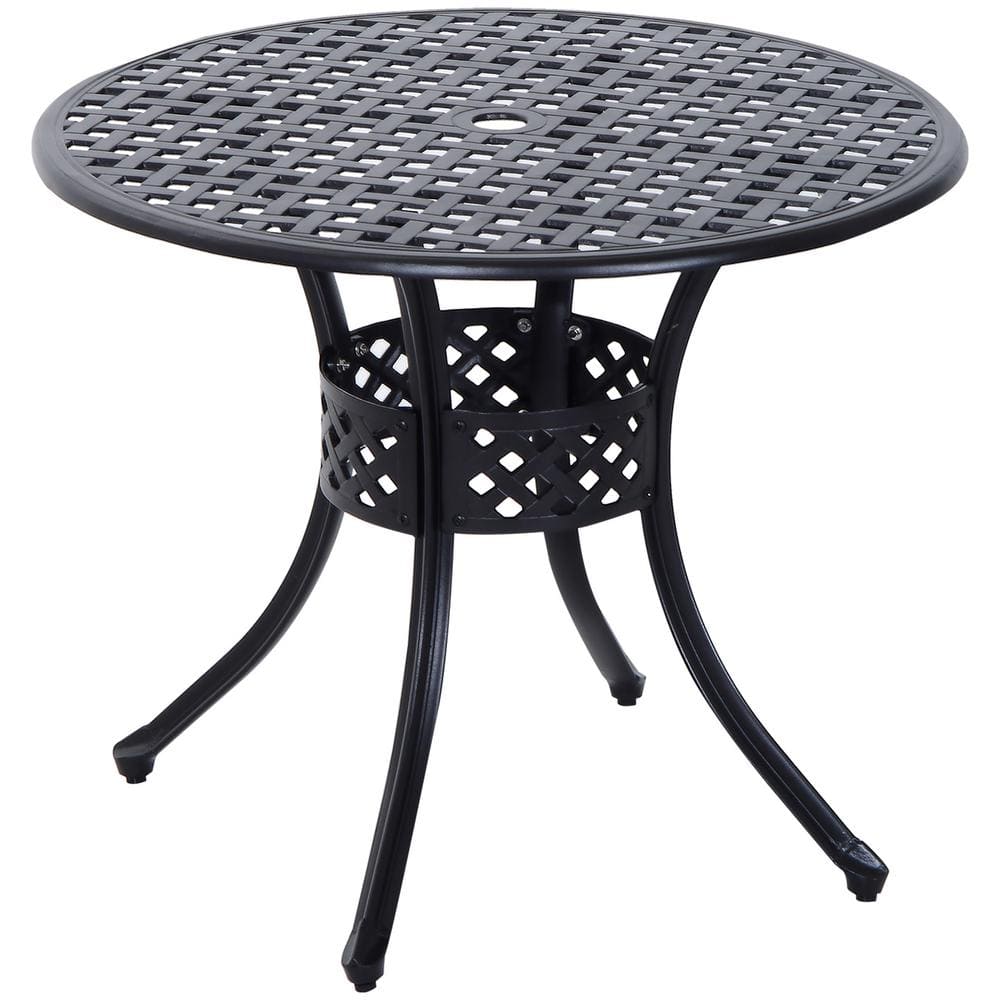 Vintage Design Black Round Cast Aluminum Outdoor Dining Table with Umbrella