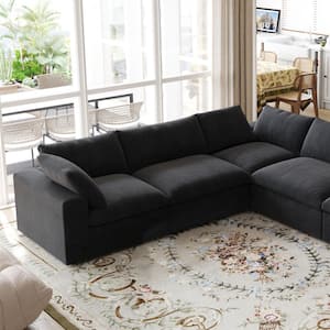 118 in. Square Arm 4-Piece Linen L-Shaped Sectional Sofa Corner Cloud Couch in Black