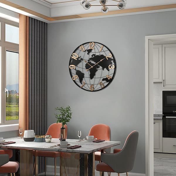 36 in. H Black Modern Silent World Map Wall Clock with Vintage