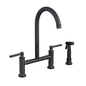 Double Handle Bridge Kitchen Faucet with Side Spray in Matte Black