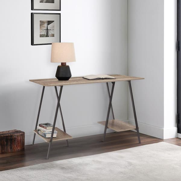 Benjara wood and metal desk with on sale 2 shelves brown