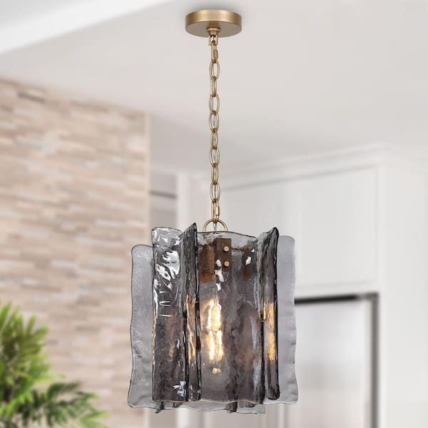 Echonalyri Modern 1-Light Satin Gold Square Pendant Light with Smoky Gray Texture Glass Shade for Kitchen, Dining Room