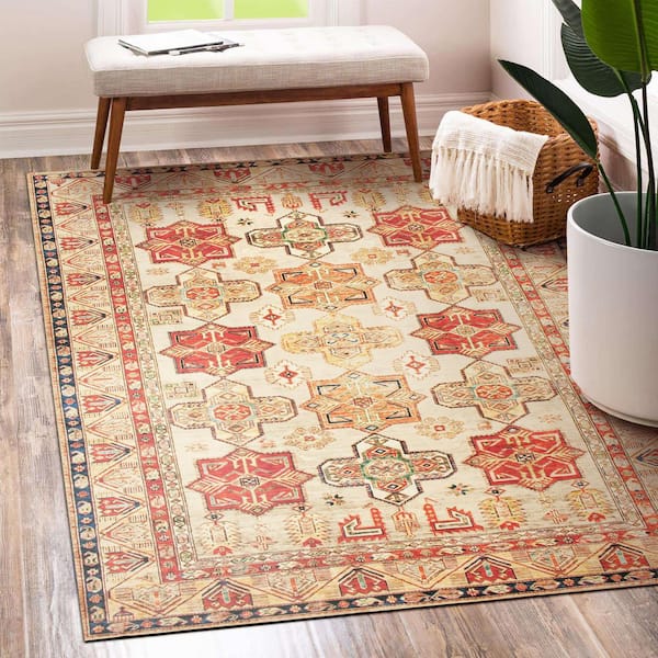 Ottoman Natural Medallion Washable 5 ft. x 7 ft. Area Rug