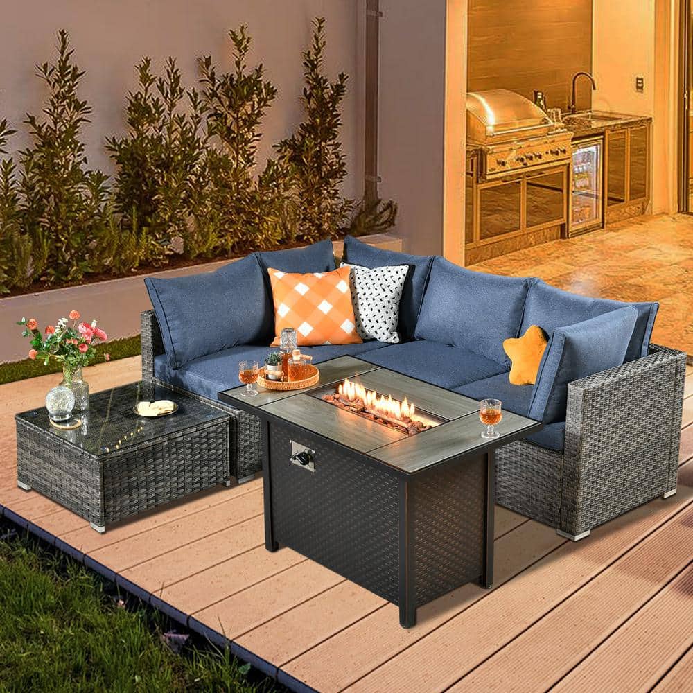 weaxty W Daffodil J Gray 6 Piece Wicker Patio Outdoor Conversation Sofa Set with Gas Fire Pit and Denim Blue Cushions IFP HOP300 6 The Home Depot
