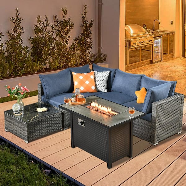 weaxty W Daffodil J Gray 6-Piece Wicker Patio Outdoor Conversation Sofa Set with Gas Fire Pit and Denim Blue Cushions