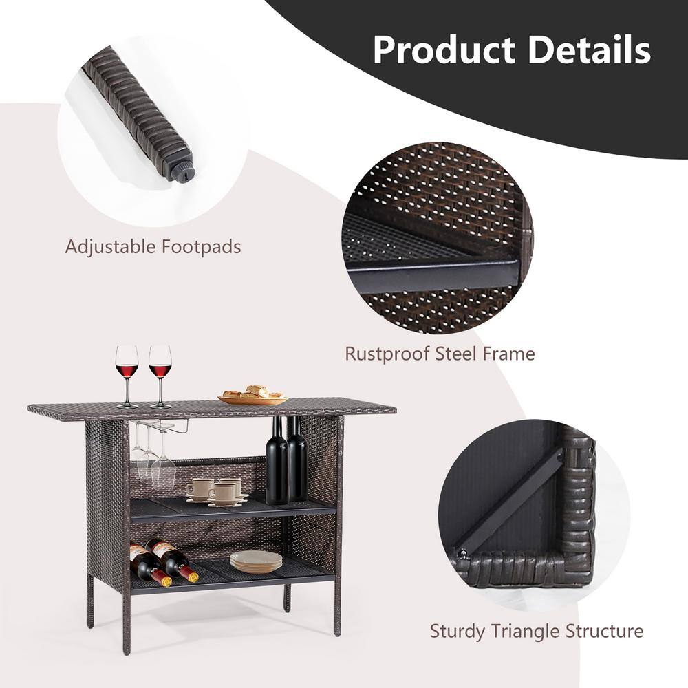 Brown Steel and Wicker Outdoor Bar Table with Shelves