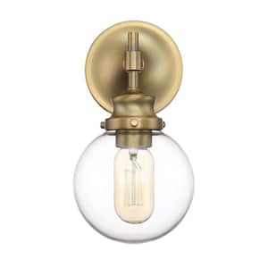 5 in. W x 10 in. H 1-Light Natural Brass Wall Sconce with Clear Glass Orb Shade
