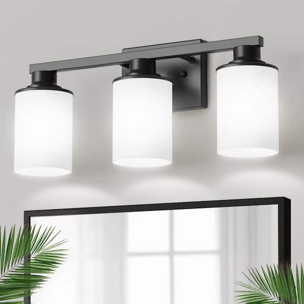 YANSUN 20 in. 3-Light Black and White Bathroom Vanity Light with Milky Glass Shades, Wall Sconce for Modern Spaces