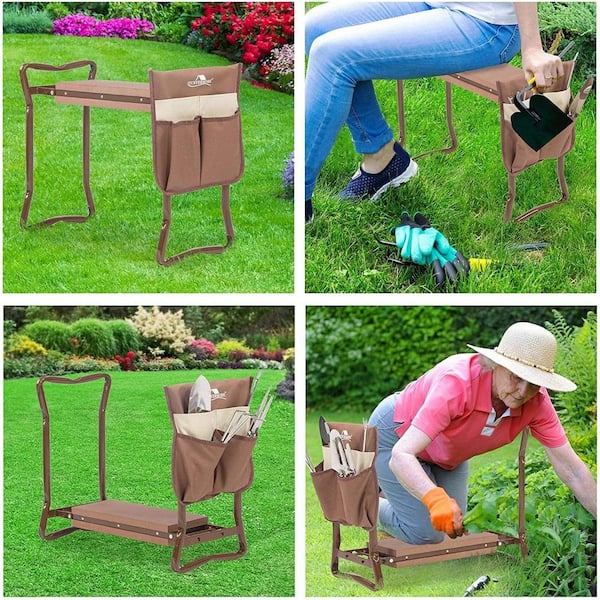 Folding Garden Kneeler Seat Foldable Bench Stool Soft Kneeling Pad with Tool Pouch in Coffee Brown