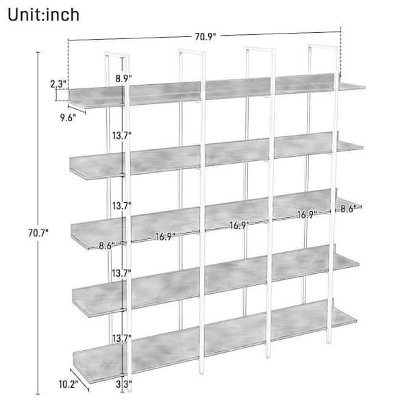 Polibi 70.87 in. H Brown Vintage Industrial Style 5-Shelf Bookcase
