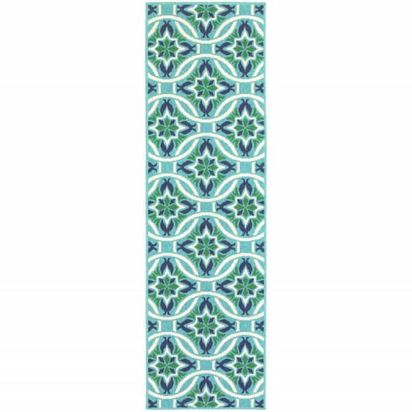 Blue, Green 2 ft. x 8 ft. Loomed Geometric Polypropylene Rectangle Indoor/Outdoor Area Rug