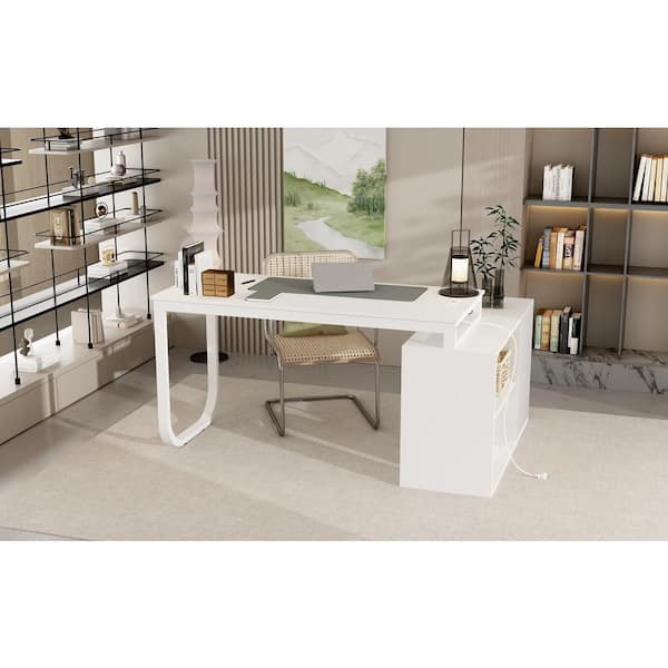 55.1 in. L-Shaped White Wood Writing Desk Executive Desk with USB Inte