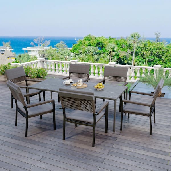 6-pack Wicker Metal Outdoor Dining Chair with Arm All-weather Patio Dining Set, Dark Gray